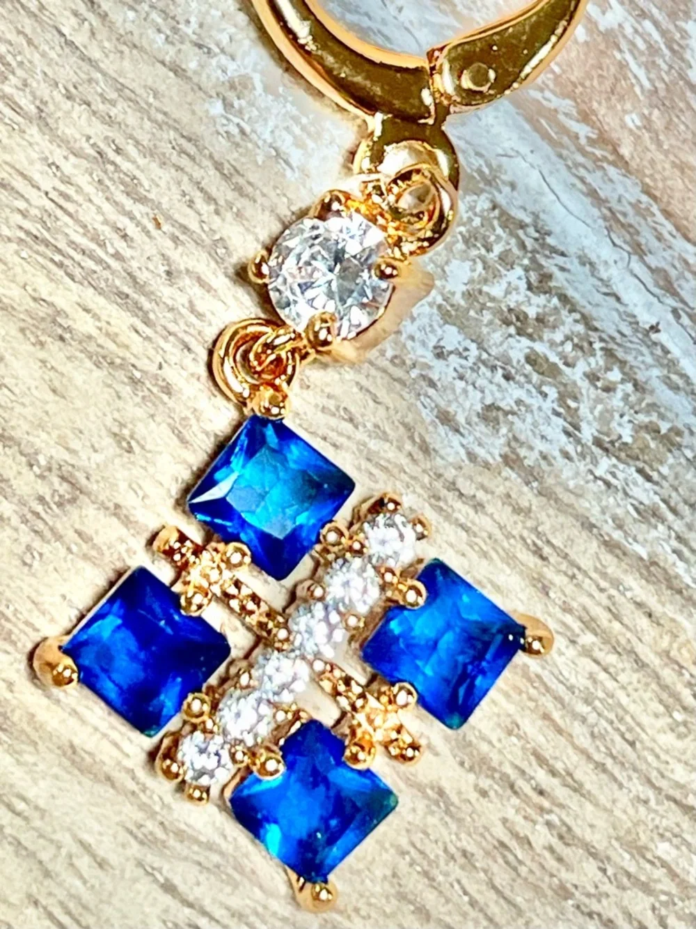 Gold-Tone Small Blue Crystal Dangle Earrings